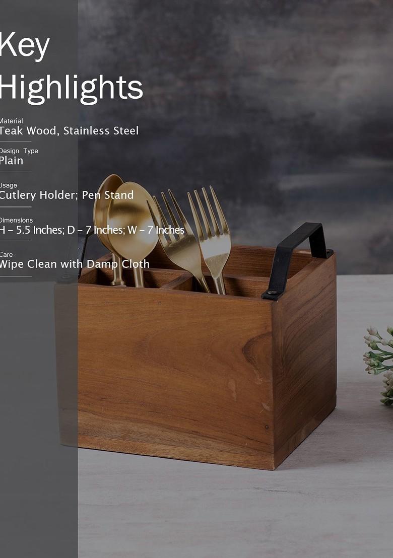 Brown Solid Teak Wood Cutlery Holder With Black Handle
