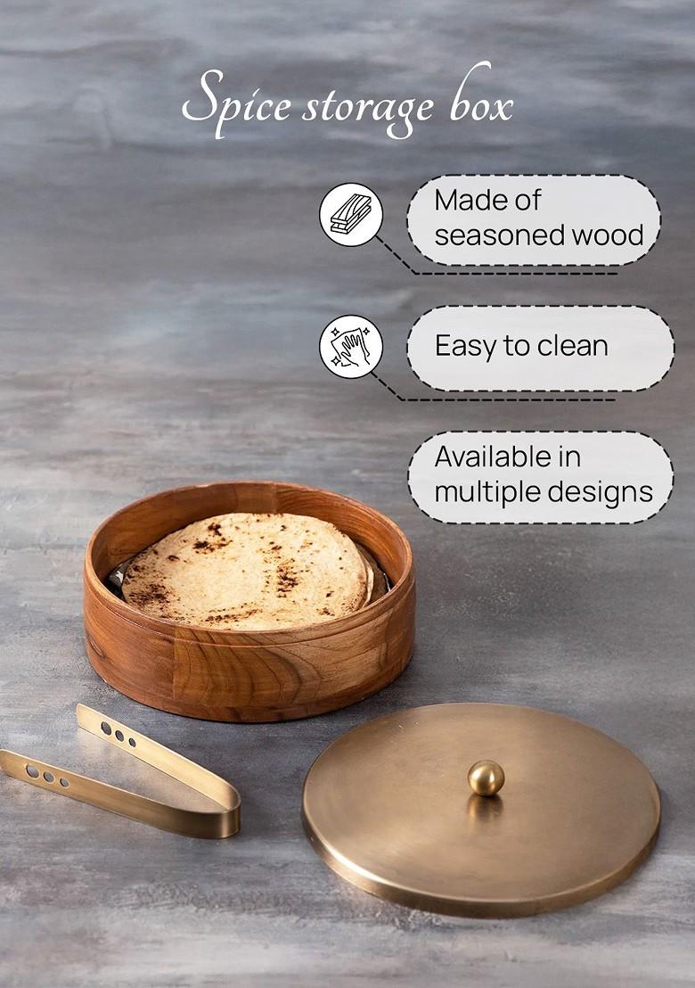 Brown Mango Wood Chapati Box With CopperToned Lid And Tong