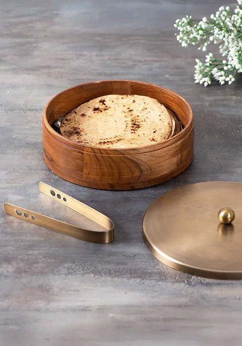 Brown Mango Wood Chapati Box With CopperToned Lid And Tong