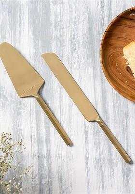 Set Of 2 Muted GoldToned Solid Stainless Steel Cake Server Set