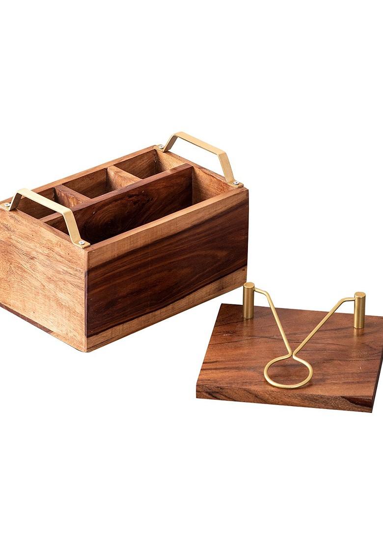 Brown Solid Sheesham Wood Cutlery Holder And Napkin Holder