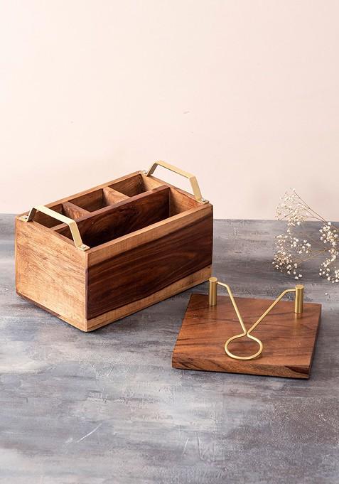 Brown Solid Sheesham Wood Cutlery Holder And Napkin Holder