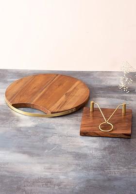 Set Of 2 Brown Solid Wood Serving Platter And Napkin Holder