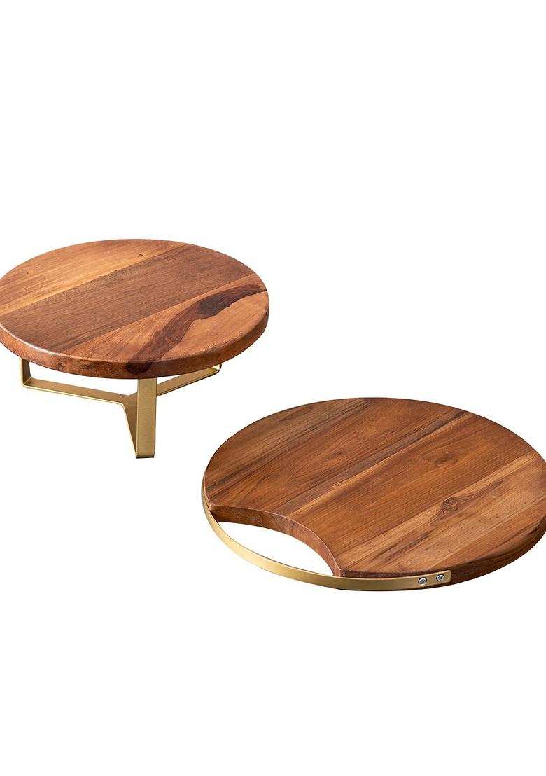 Set Of 2 Brown Solid Wood Serving Platter And Napkin Holder