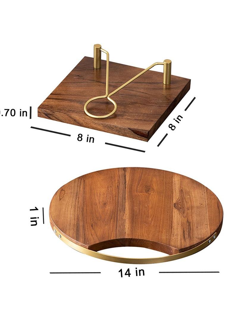 Set Of 2 Brown Solid Wood Serving Platter And Napkin Holder