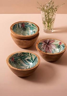 Set Of 4 Brown Decorative Mango Wood Printed Serving Bowls