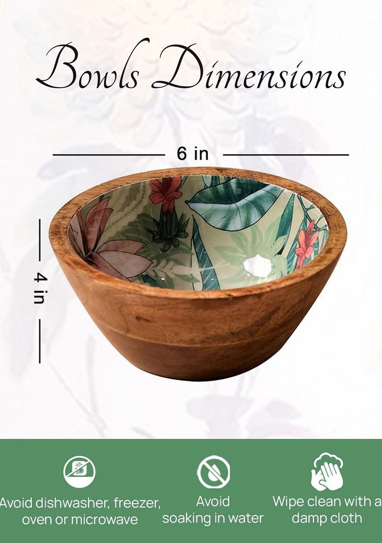 Set Of 4 Brown Decorative Mango Wood Printed Serving Bowls