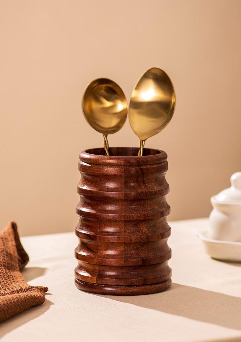 Brown Textured Wooden Cutlery Holder