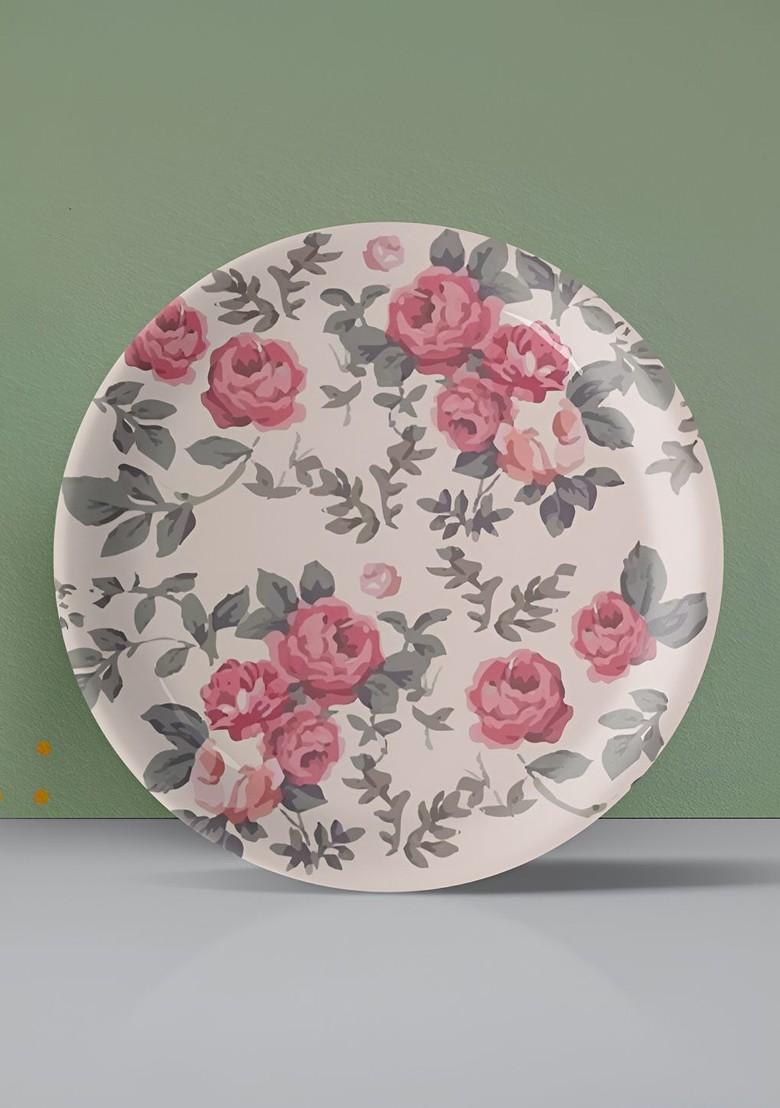 Pink And Green Floral Printed Ceramic Wall Plate