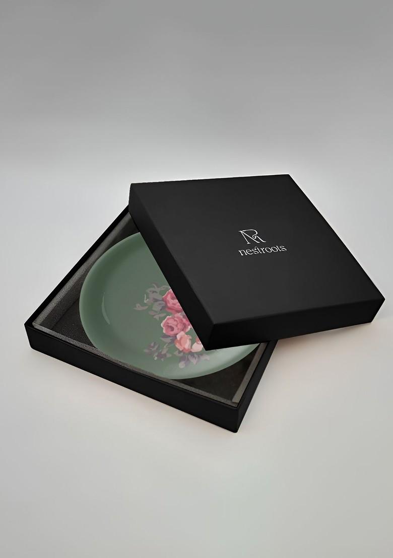 Green And Pink Floral Printed Ceramic Wall Plate