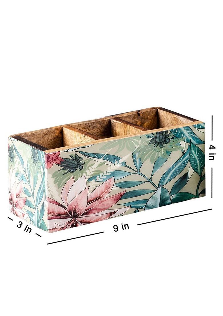 Green 2 Pieces Printed Wooden Cutlery Holder