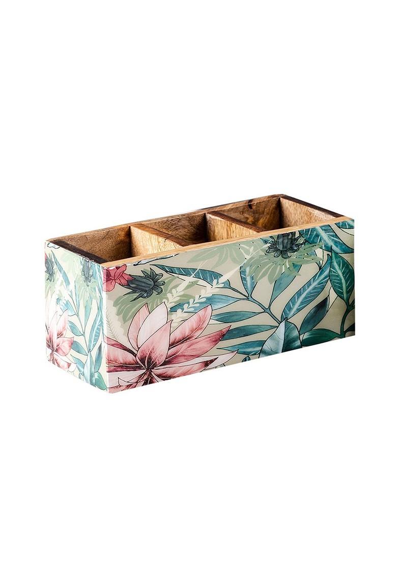 Green And Pink Floral Printed Wooden Cutlery Holder