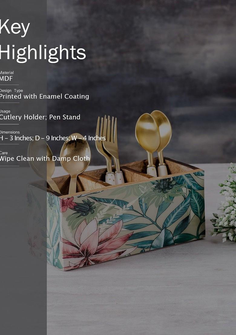 Green And Pink Floral Printed Wooden Cutlery Holder