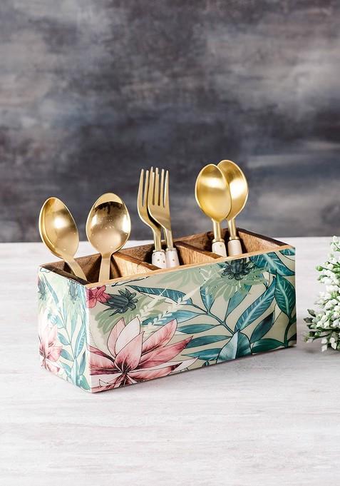 Green And Pink Floral Printed Wooden Cutlery Holder