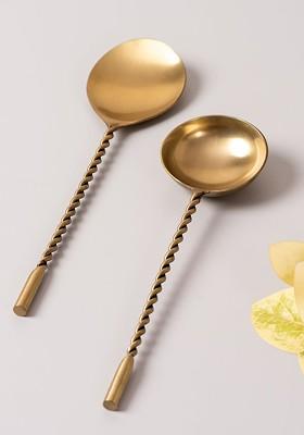 Set Of 2 Golden Dessert Serving Spoons With Long Handle