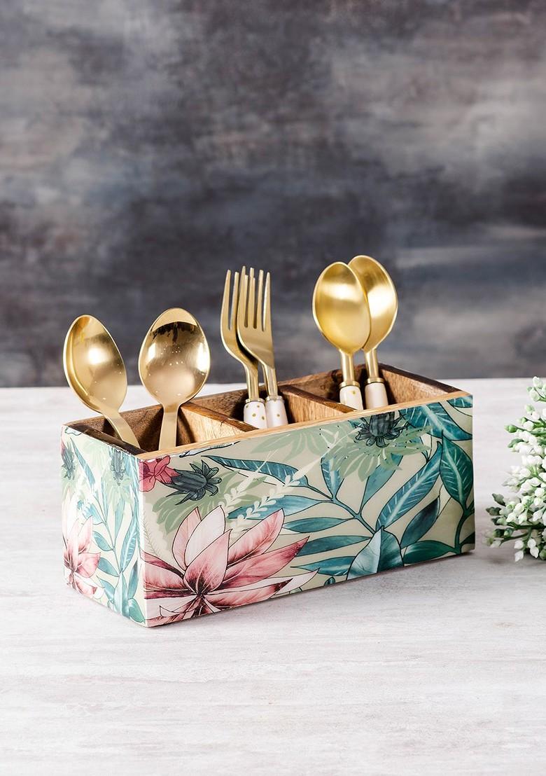 Mango Wood Green And Pink Floral Printed Cutlery Holder