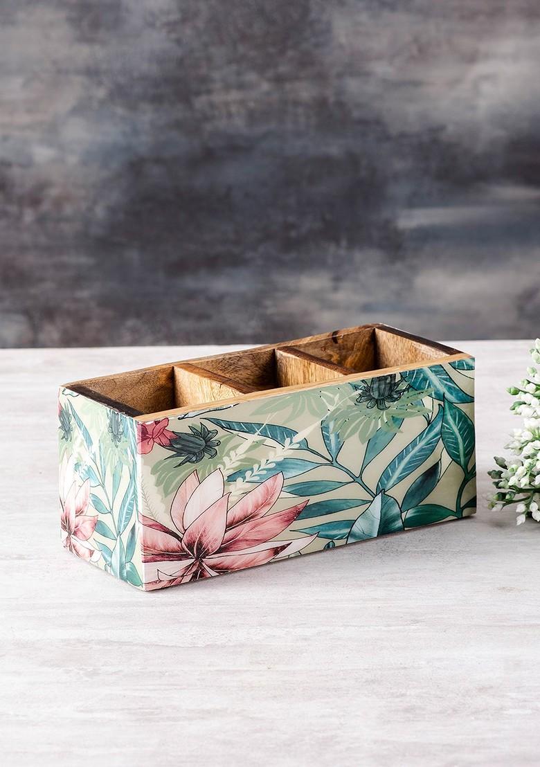 Mango Wood Green And Pink Floral Printed Cutlery Holder