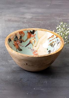 Brown And Green Printed Mango Wood Serving Bowl