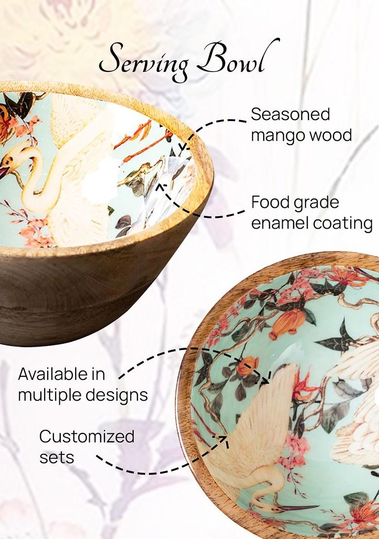 Brown And Green Printed Mango Wood Serving Bowl