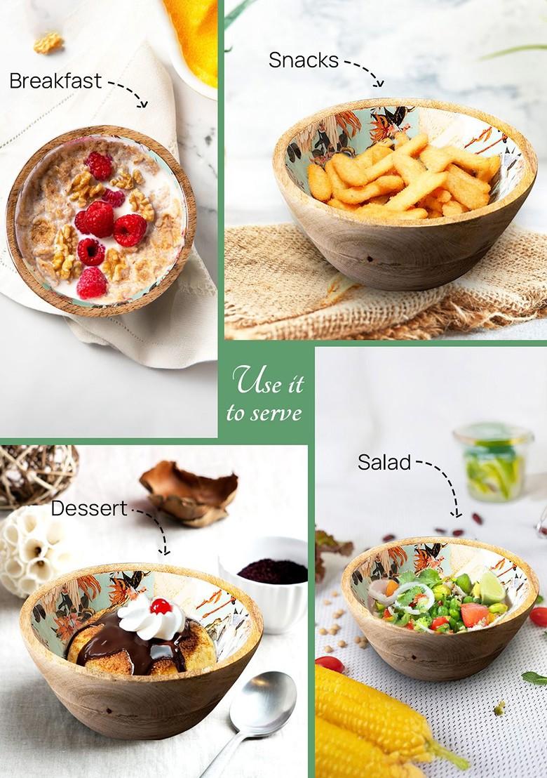 Brown And Green Printed Mango Wood Serving Bowl