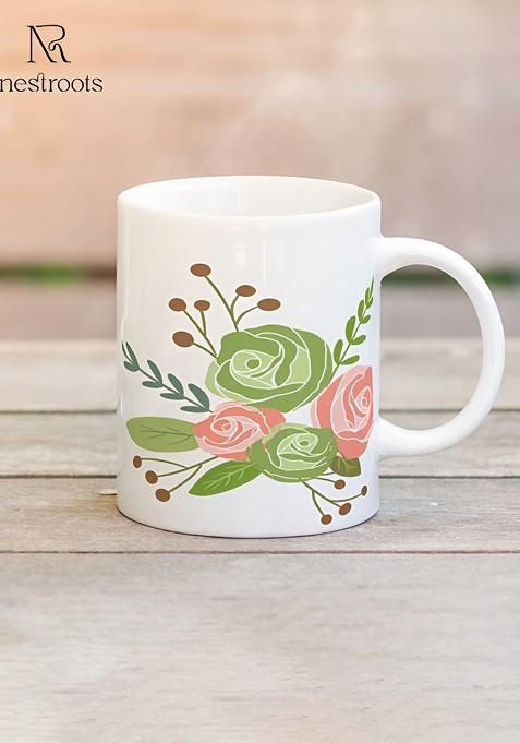 Pink And White Floral Printed Stoneware Glossy Mug 350 Ml