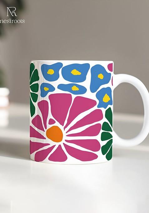 Pink And White Floral Printed Dishwasher Safe Stoneware Glossy Mug 350 Ml