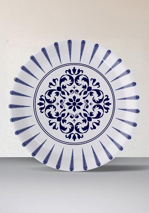 Nestroots Pottery Symmetry Floral White And Blue 1 Pieces Printed Metal Wall Plates