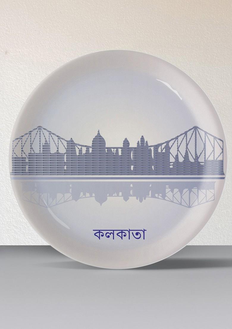 Grey And Blue Printed Ceramic Wall Plate