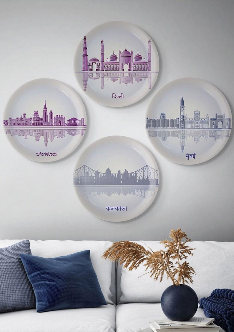 Grey And Blue Printed Ceramic Wall Plate