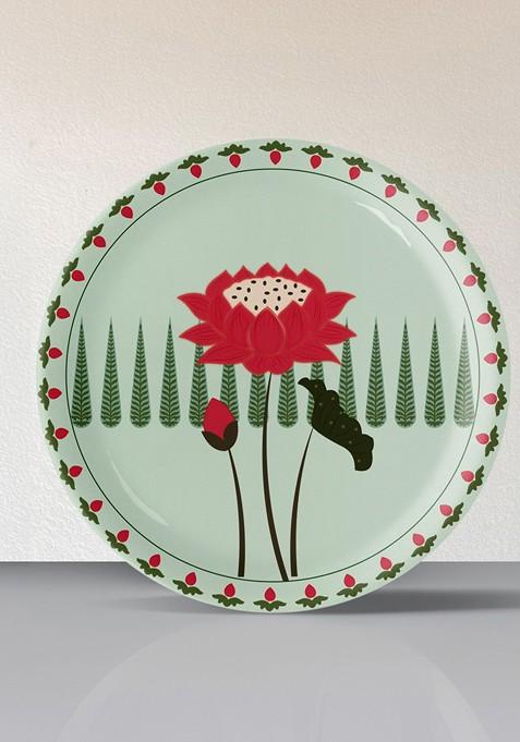 Green And Red Lotus Symbol Of Beauty And Purity Floral Printed Ceramic Wall Plate