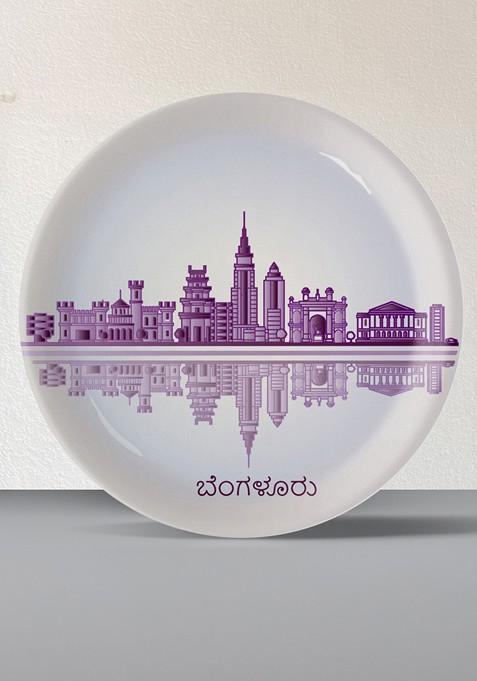 White And Purple Printed Ceramic Cityscape Bangalore Artistry Wall Plate