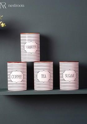 Set Of 4 White And Black Coloured Printed Spice Box