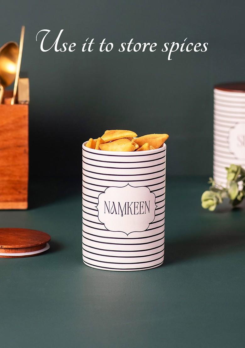 Set Of 4 White And Black Coloured Printed Spice Box