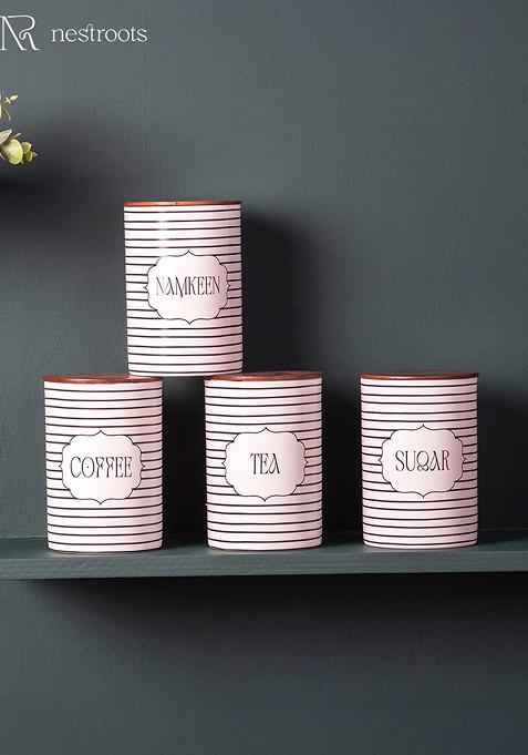 Set Of 4 White And Black Coloured Printed Spice Box