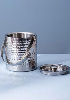 Silver Toned Double Walled Stainless Steel Ice Bucket With Cap