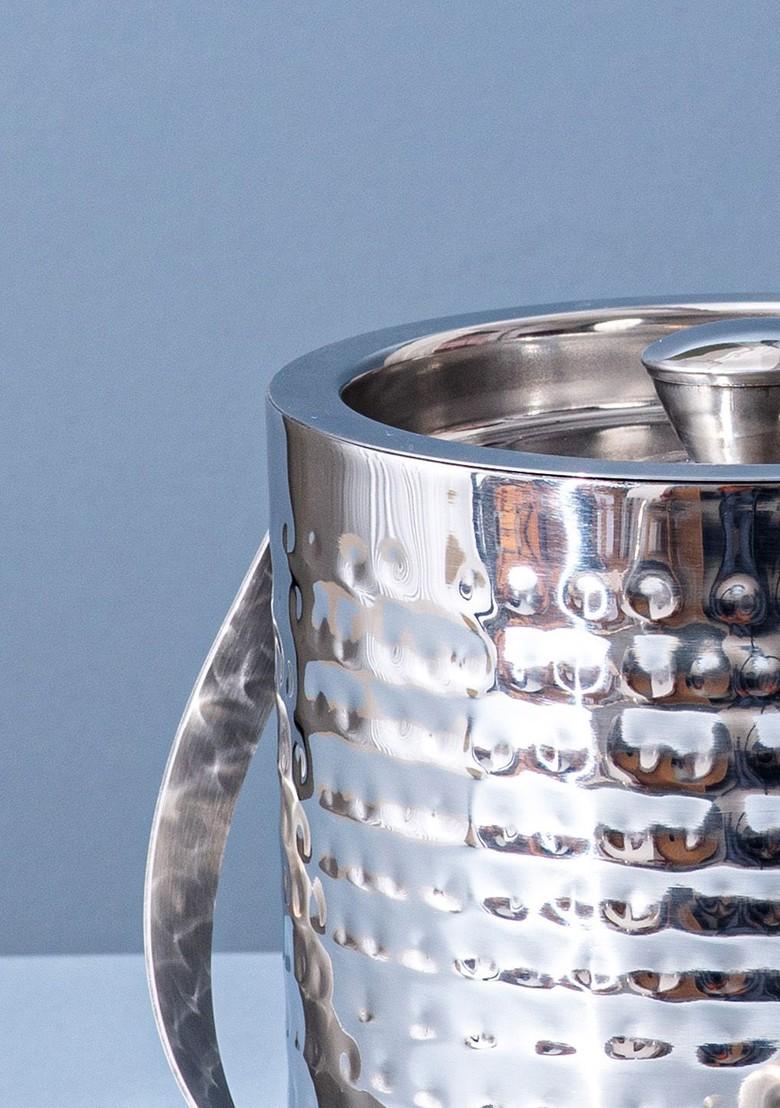 Silver Toned Double Walled Stainless Steel Ice Bucket With Cap