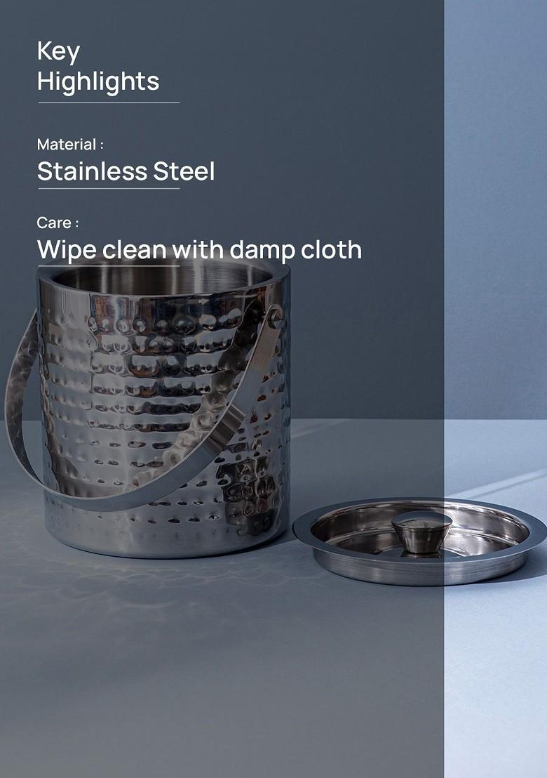 Silver Toned Double Walled Stainless Steel Ice Bucket With Cap