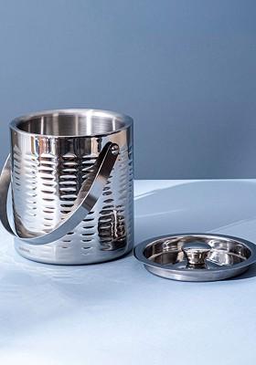 Silver Toned Textured Stainless Steel Ice Bucket With Cap