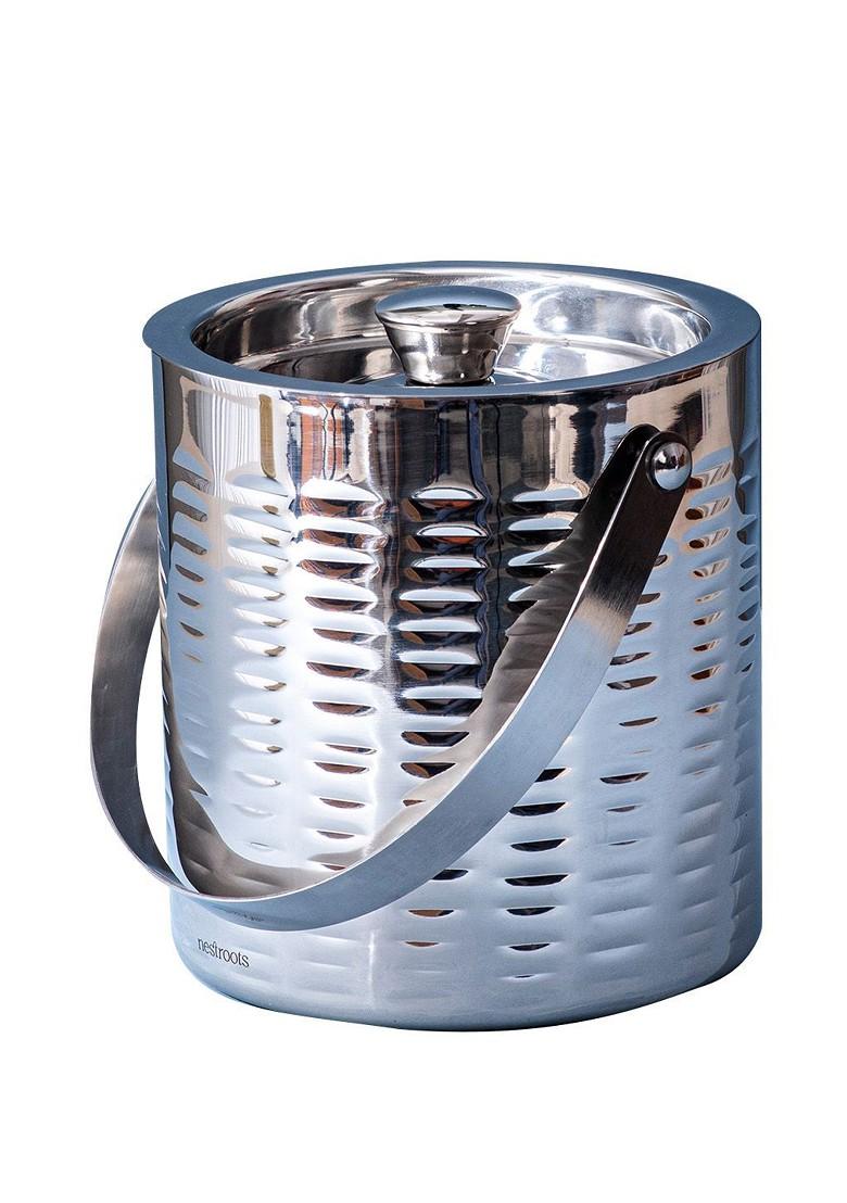 Silver Toned Textured Stainless Steel Ice Bucket With Cap