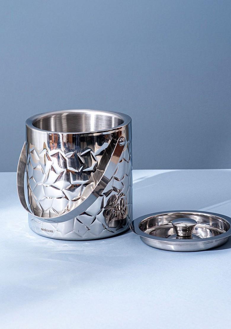 Silver Toned Textured Double Walled Stainless Steel Ice Bucket