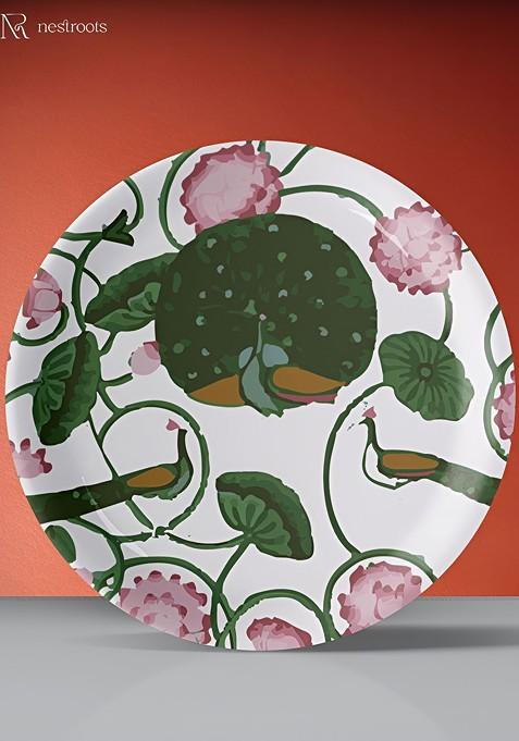 Green And White Pichwai Printed Wall Plate