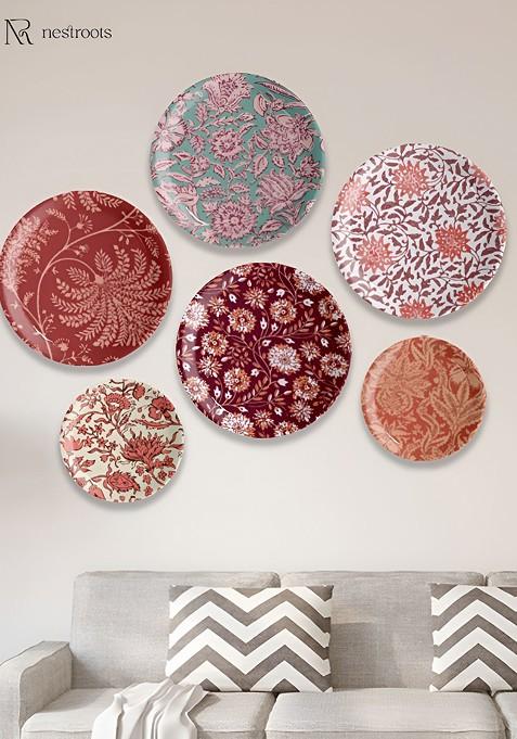 Green And White 6 Pieces Floral Printed Porcelain Wall Plate