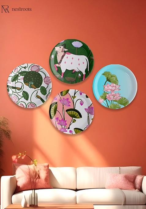 Blue And Green 4 Pieces Pichwai Print Porcelain Wall Plate