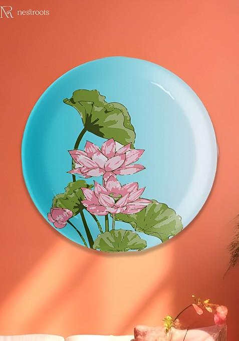Bkue And Pink Pichwai Print Porcelain Wall Plate