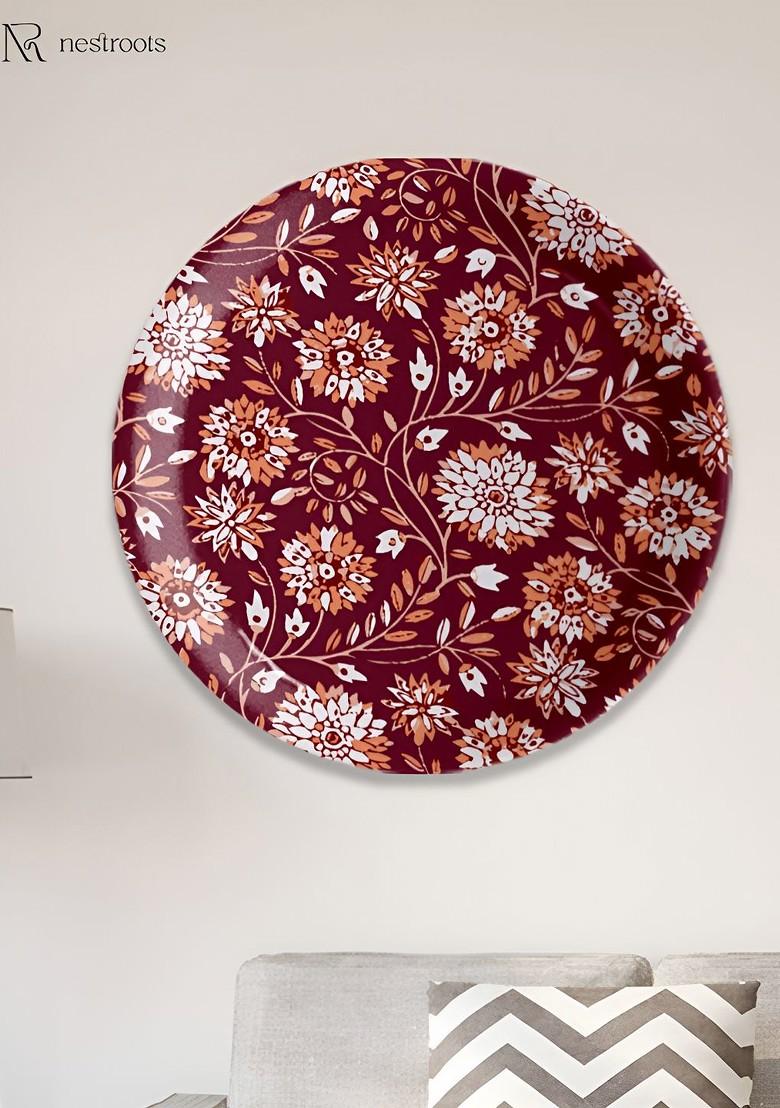 Maroon And Orange Floral Printed Porcelain Wall Plate