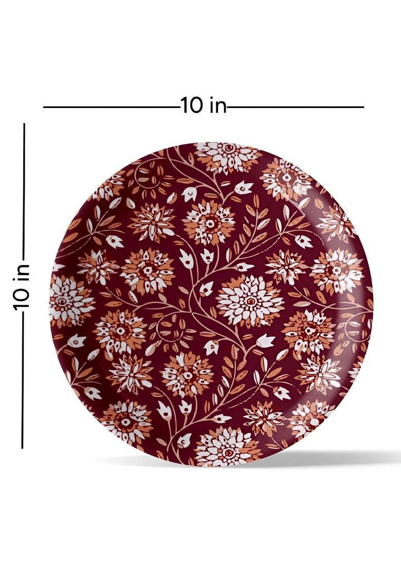 Maroon And Orange Floral Printed Porcelain Wall Plate