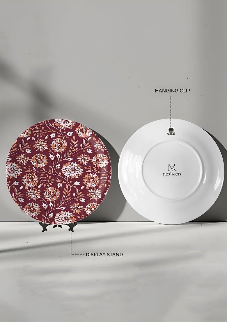 Maroon And Orange Floral Printed Porcelain Wall Plate