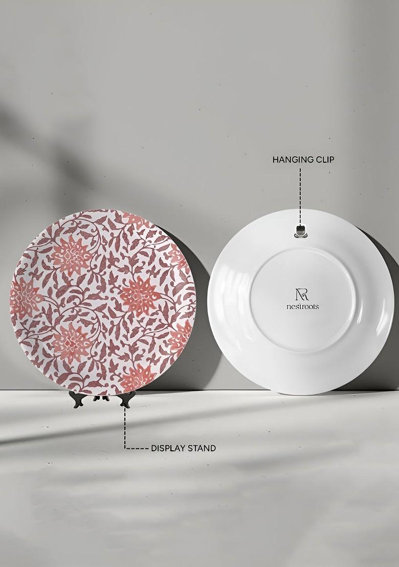 White And Orange Floral Printed Porcelain Wall Plate