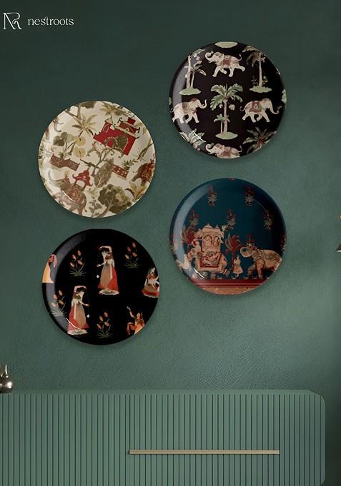 Black And Off White 4 Pieces Printed Ceramic Wall Plates