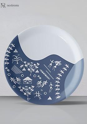 White And Blue Warli Printed Ceramic Wall Plate